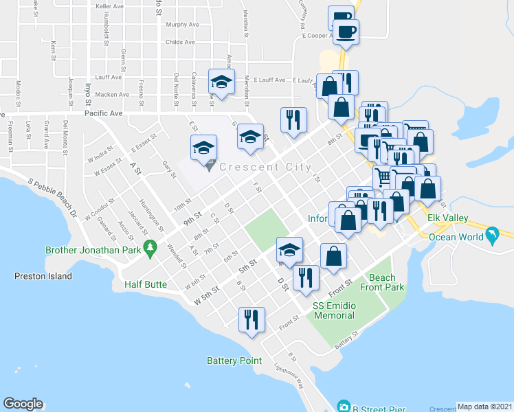 map of restaurants, bars, coffee shops, grocery stores, and more near 755 E Street in Crescent City
