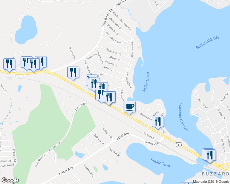 map of restaurants, bars, coffee shops, grocery stores, and more near 17 Bungalow Lane in Wareham