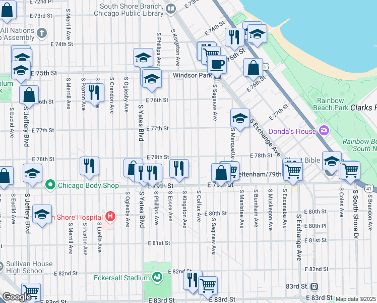 map of restaurants, bars, coffee shops, grocery stores, and more near 7749 South Kingston Avenue in Chicago