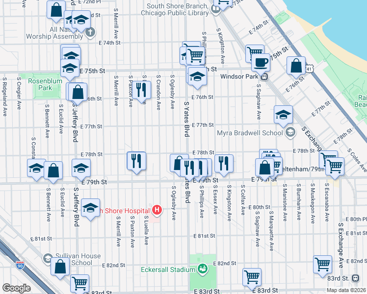 map of restaurants, bars, coffee shops, grocery stores, and more near 7748 South Yates Boulevard in Chicago