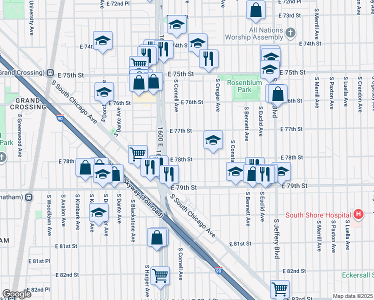 map of restaurants, bars, coffee shops, grocery stores, and more near 7738 South East End Avenue in Chicago