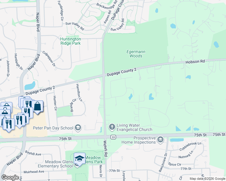 map of restaurants, bars, coffee shops, grocery stores, and more near 1192 Black Stallion Drive in Naperville