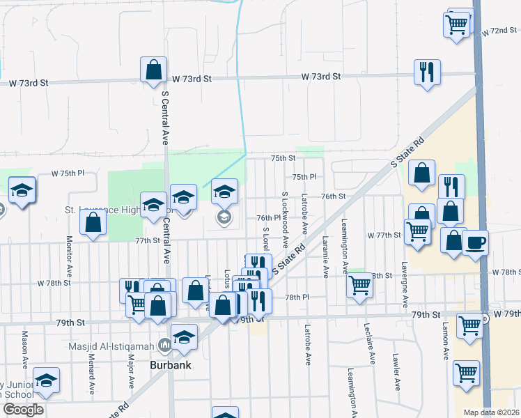 map of restaurants, bars, coffee shops, grocery stores, and more near 7613 South Lorel Avenue in Burbank