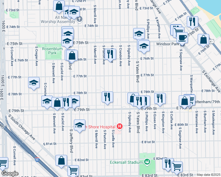 map of restaurants, bars, coffee shops, grocery stores, and more near 7746 South Luella Avenue in Chicago