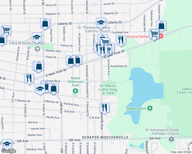 map of restaurants, bars, coffee shops, grocery stores, and more near 109 North Calhoun Street in Aurora