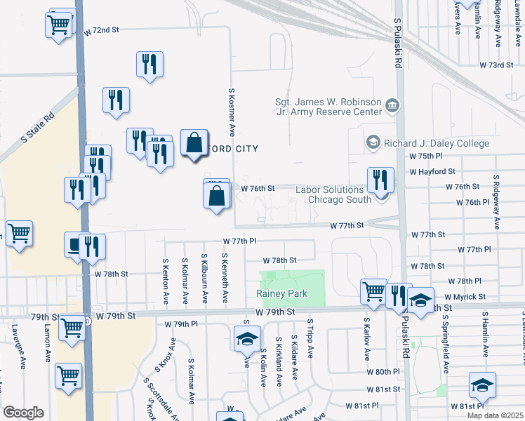 map of restaurants, bars, coffee shops, grocery stores, and more near 4263 West 76th Street in Chicago