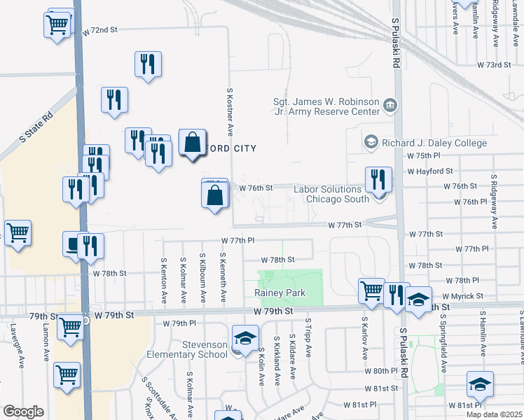 map of restaurants, bars, coffee shops, grocery stores, and more near 4315 West 76th Street in Chicago