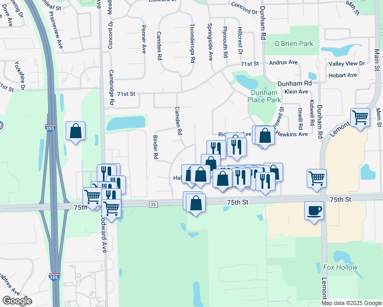 map of restaurants, bars, coffee shops, grocery stores, and more near 7315 Selig Place in Downers Grove