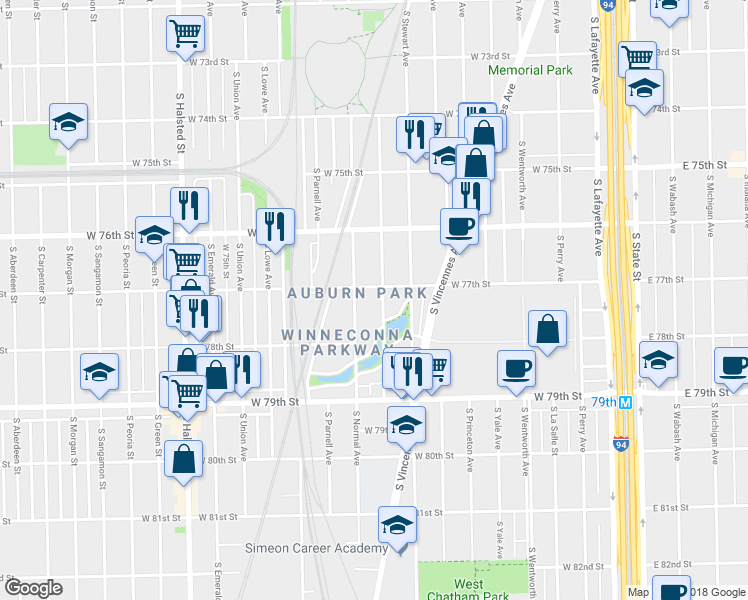 map of restaurants, bars, coffee shops, grocery stores, and more near 7712 South Eggleston Avenue in Chicago