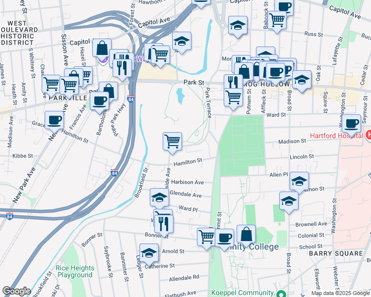 map of restaurants, bars, coffee shops, grocery stores, and more near 312 Park Terrace in Hartford