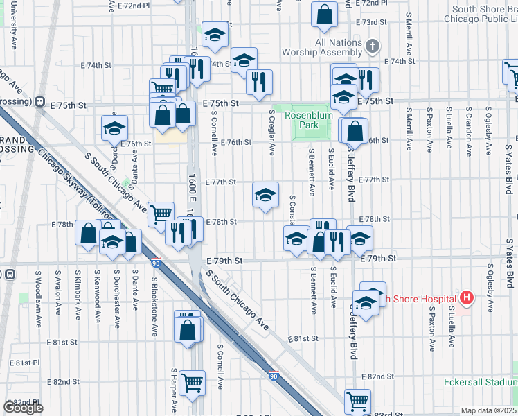 map of restaurants, bars, coffee shops, grocery stores, and more near 7741 South Ridgeland Avenue in Chicago