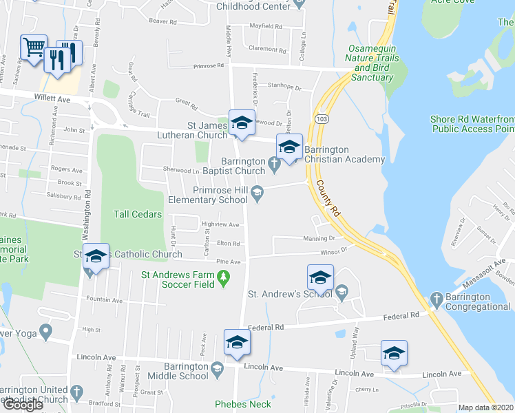 map of restaurants, bars, coffee shops, grocery stores, and more near 60 Middle Highway in Barrington