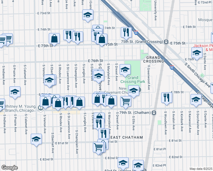 map of restaurants, bars, coffee shops, grocery stores, and more near 7730 South Maryland Avenue in Chicago