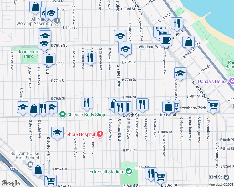 map of restaurants, bars, coffee shops, grocery stores, and more near 7746 South Yates Boulevard in Chicago