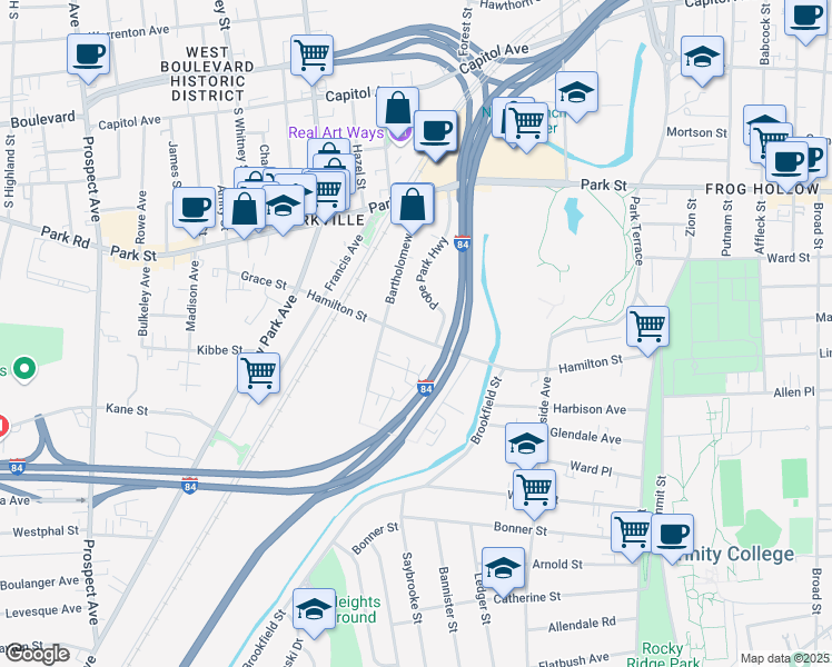 map of restaurants, bars, coffee shops, grocery stores, and more near 206 Hamilton Street in Hartford