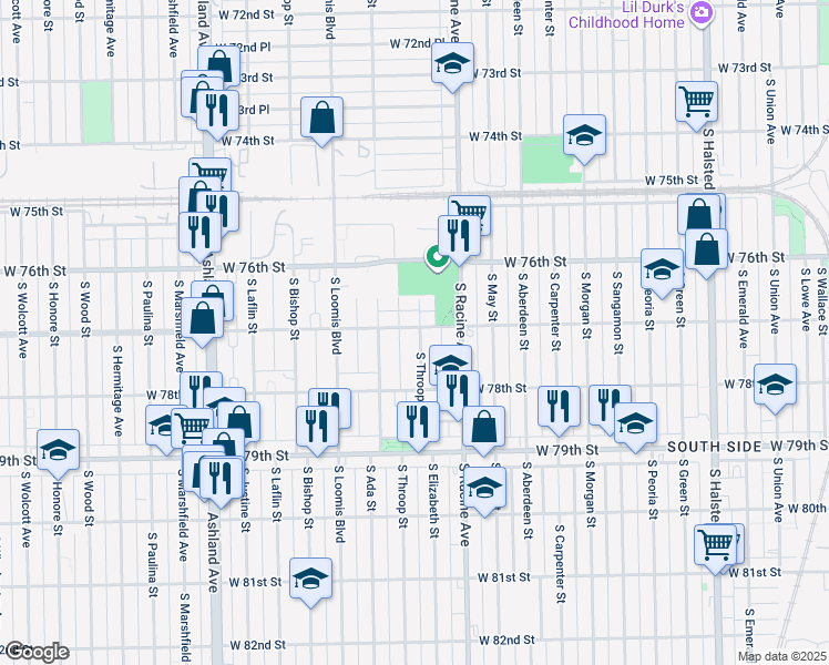 map of restaurants, bars, coffee shops, grocery stores, and more near 7700 South Throop Street in Chicago