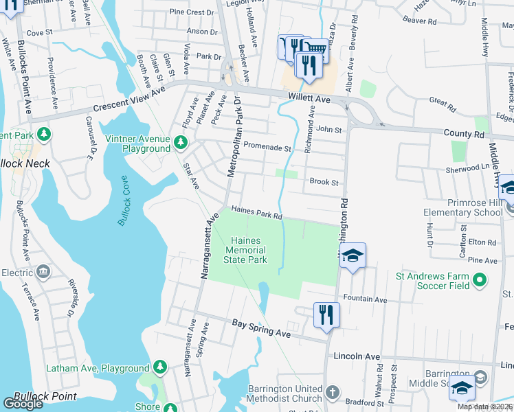 map of restaurants, bars, coffee shops, grocery stores, and more near 5 Haines Park Road in Barrington