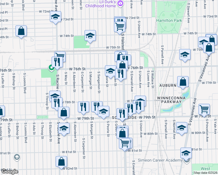 map of restaurants, bars, coffee shops, grocery stores, and more near 7707 South Peoria Street in Chicago