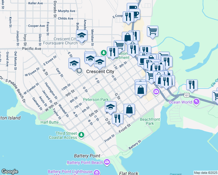map of restaurants, bars, coffee shops, grocery stores, and more near 660 G Street in Crescent City