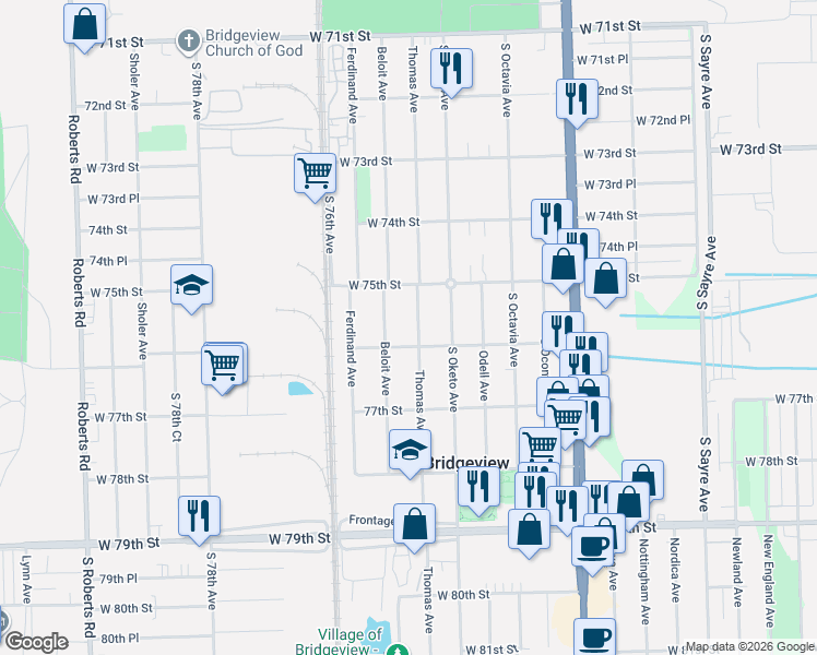 map of restaurants, bars, coffee shops, grocery stores, and more near 7541 Beloit Avenue in Bridgeview