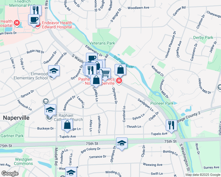 map of restaurants, bars, coffee shops, grocery stores, and more near 21 Olympus Drive in Naperville
