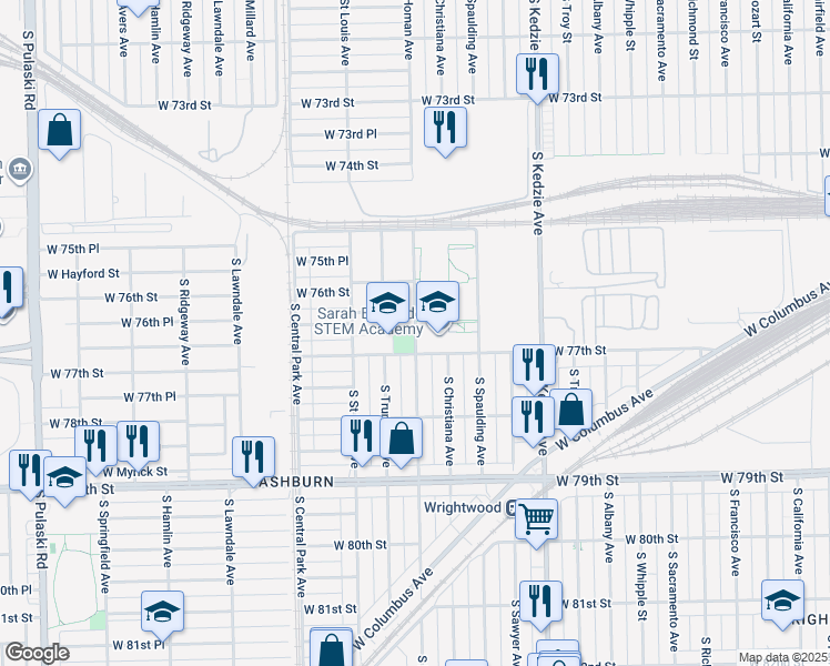 map of restaurants, bars, coffee shops, grocery stores, and more near 7651 South Homan Avenue in Chicago