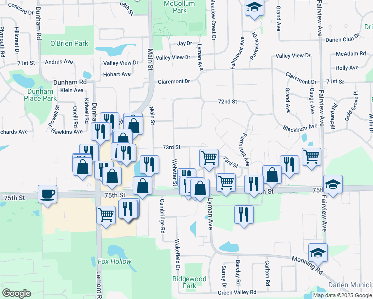 map of restaurants, bars, coffee shops, grocery stores, and more near 7302 Baybury Road in Downers Grove