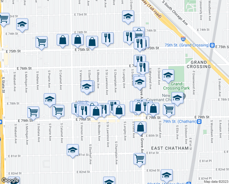 map of restaurants, bars, coffee shops, grocery stores, and more near 7728 South Champlain Avenue in Chicago