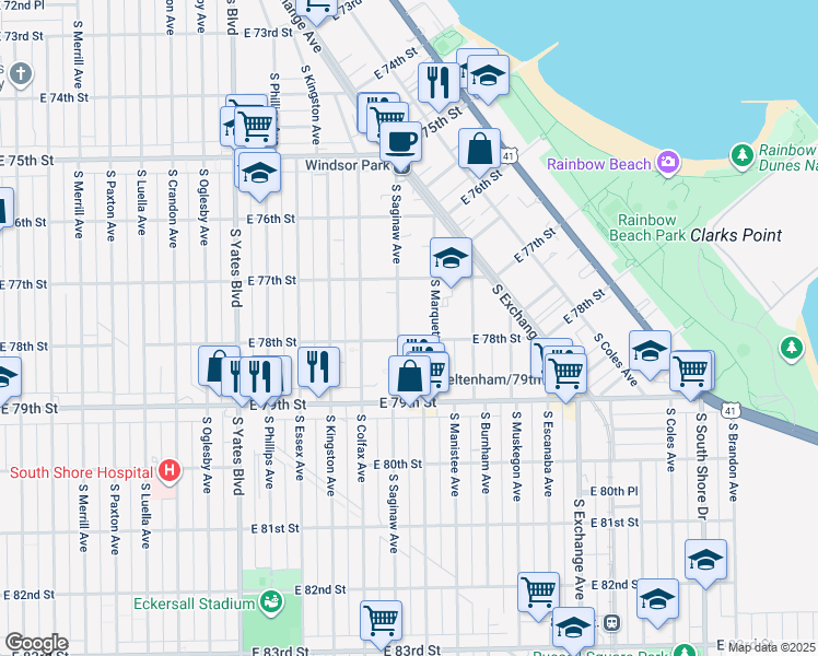 map of restaurants, bars, coffee shops, grocery stores, and more near 7751 South Saginaw Avenue in Chicago