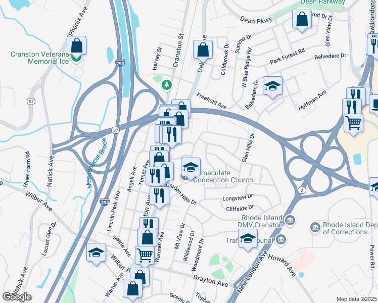 map of restaurants, bars, coffee shops, grocery stores, and more near 102 Mountain Laurel Dr in Cranston
