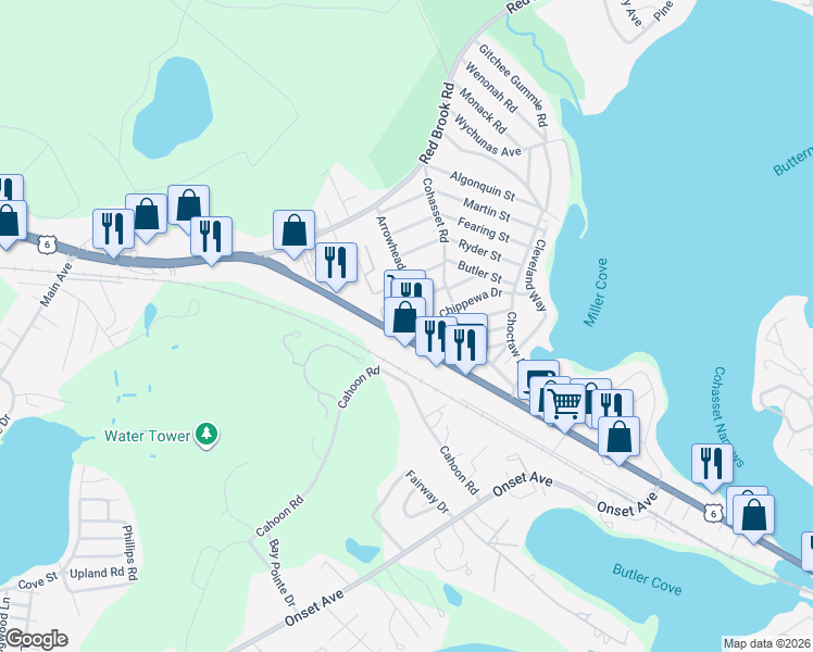 map of restaurants, bars, coffee shops, grocery stores, and more near 3134 Cranberry Highway in Wareham