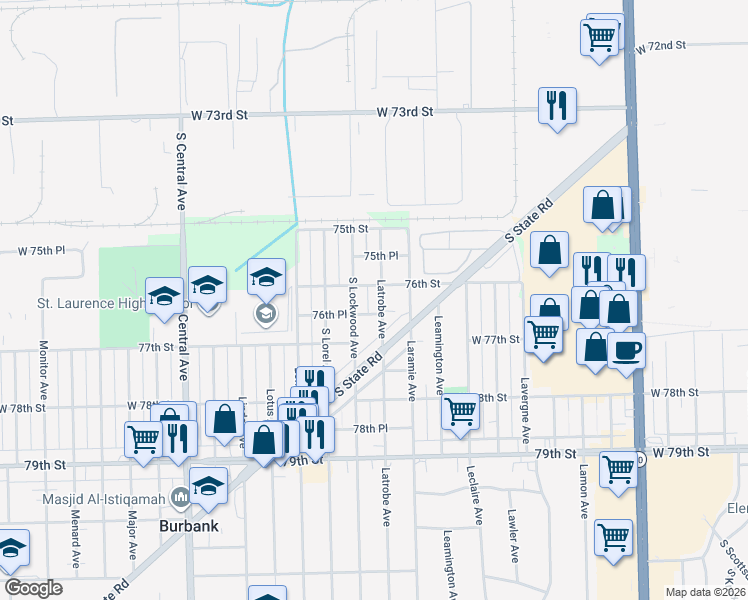 map of restaurants, bars, coffee shops, grocery stores, and more near 7612 Latrobe Avenue in Burbank