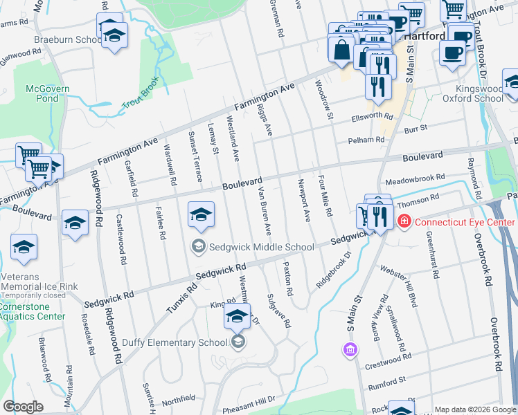 map of restaurants, bars, coffee shops, grocery stores, and more near 69 Van Buren Avenue in West Hartford