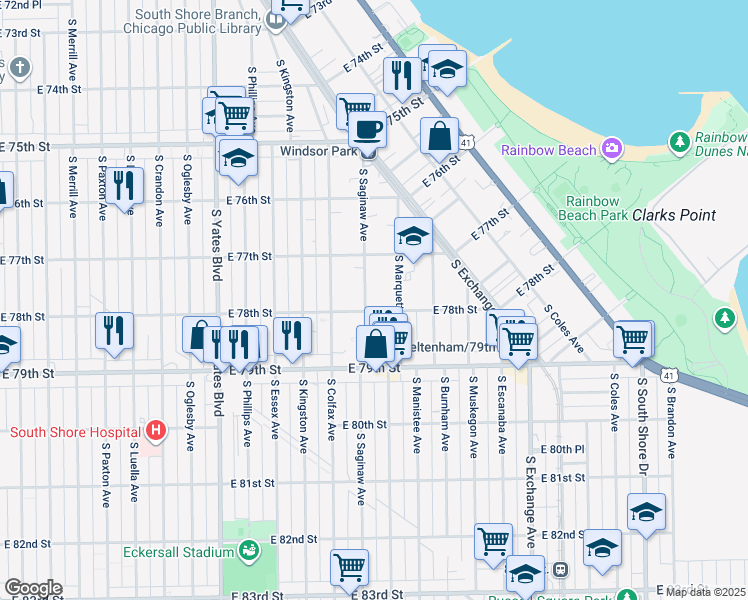 map of restaurants, bars, coffee shops, grocery stores, and more near 7751 South Saginaw Avenue in Chicago