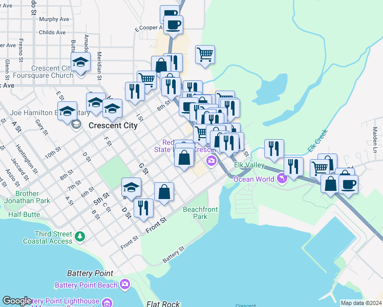 map of restaurants, bars, coffee shops, grocery stores, and more near 1079 4th Street in Crescent City