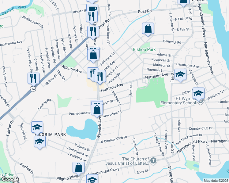 map of restaurants, bars, coffee shops, grocery stores, and more near 53 Beechcrest Street in Warwick