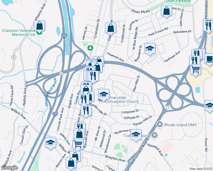 map of restaurants, bars, coffee shops, grocery stores, and more near 102 Mountain Laurel Drive in Cranston