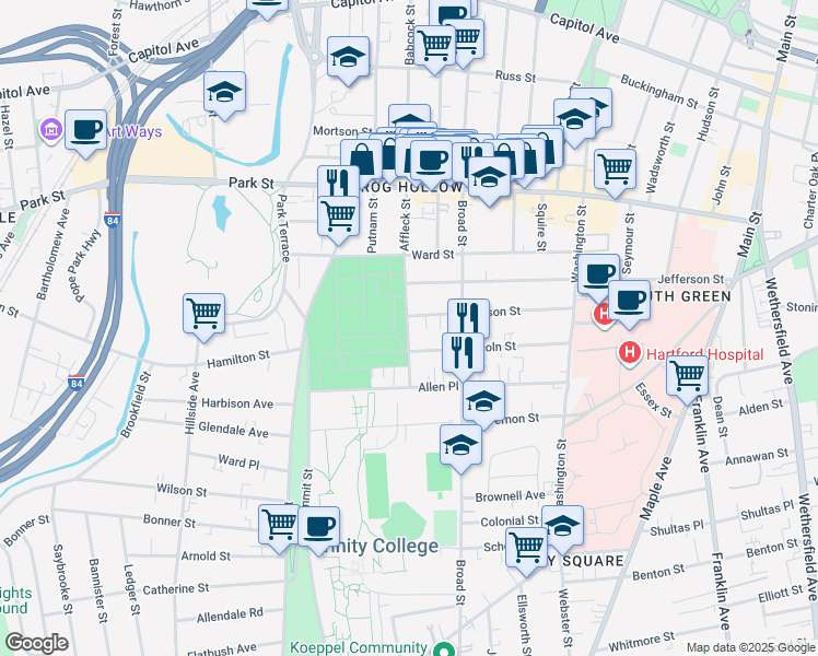 map of restaurants, bars, coffee shops, grocery stores, and more near 155 Madison Street in Hartford