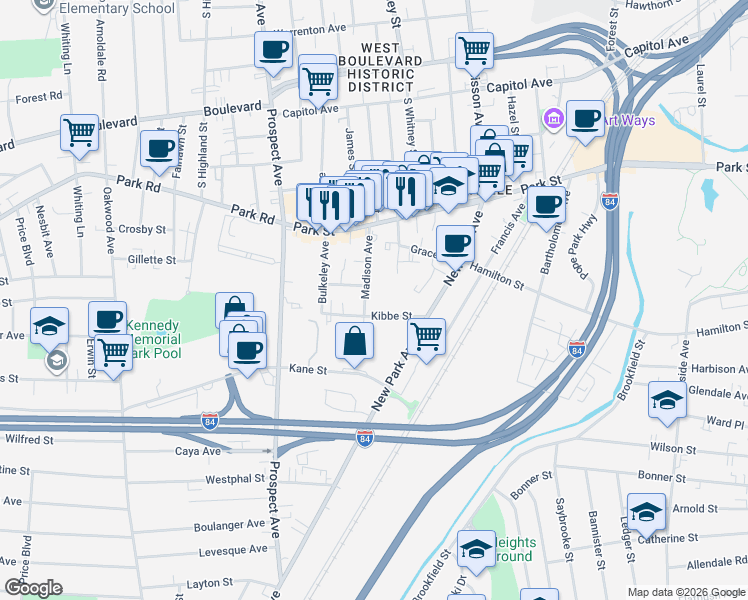 map of restaurants, bars, coffee shops, grocery stores, and more near 78-80 Madison Avenue in Hartford