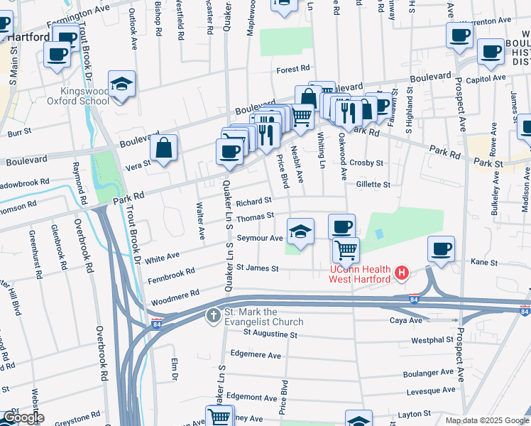 map of restaurants, bars, coffee shops, grocery stores, and more near 118 Thomas Street in West Hartford