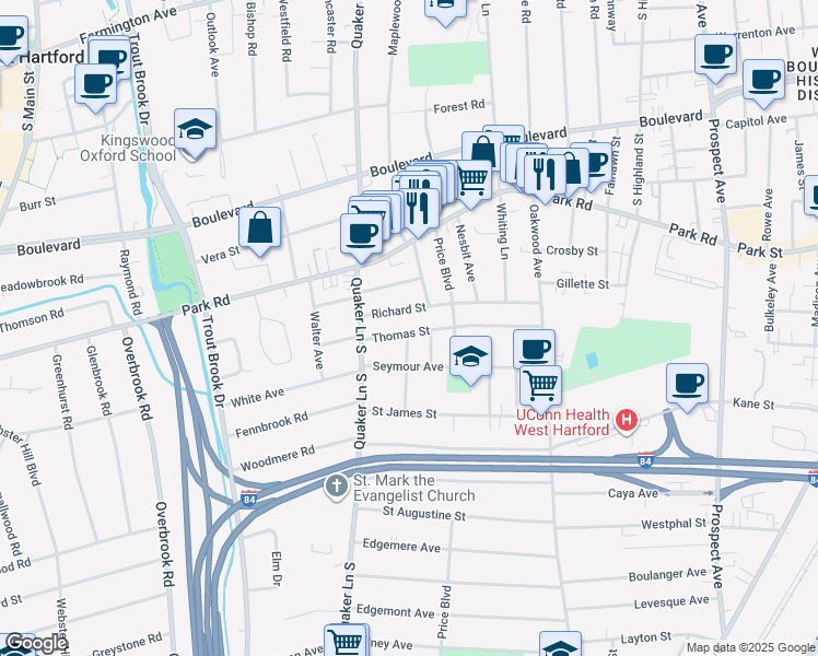 map of restaurants, bars, coffee shops, grocery stores, and more near 118 Thomas Street in West Hartford