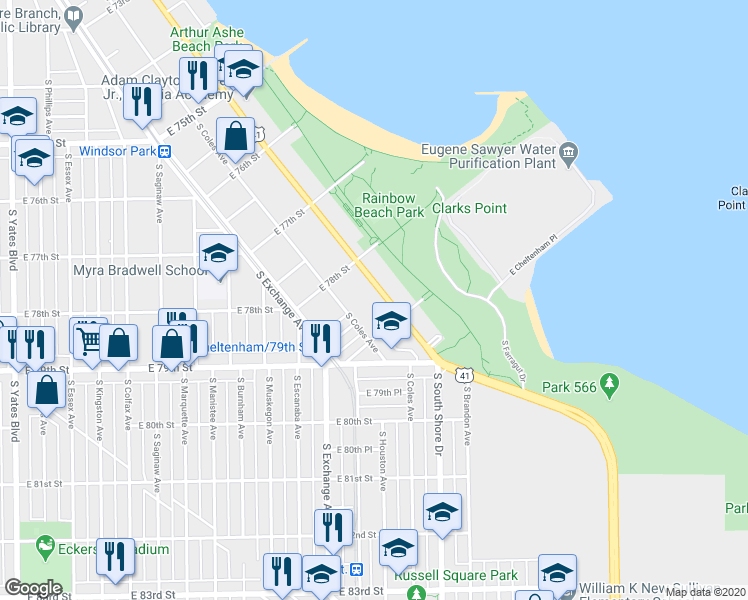map of restaurants, bars, coffee shops, grocery stores, and more near 7826 South South Shore Drive in Chicago