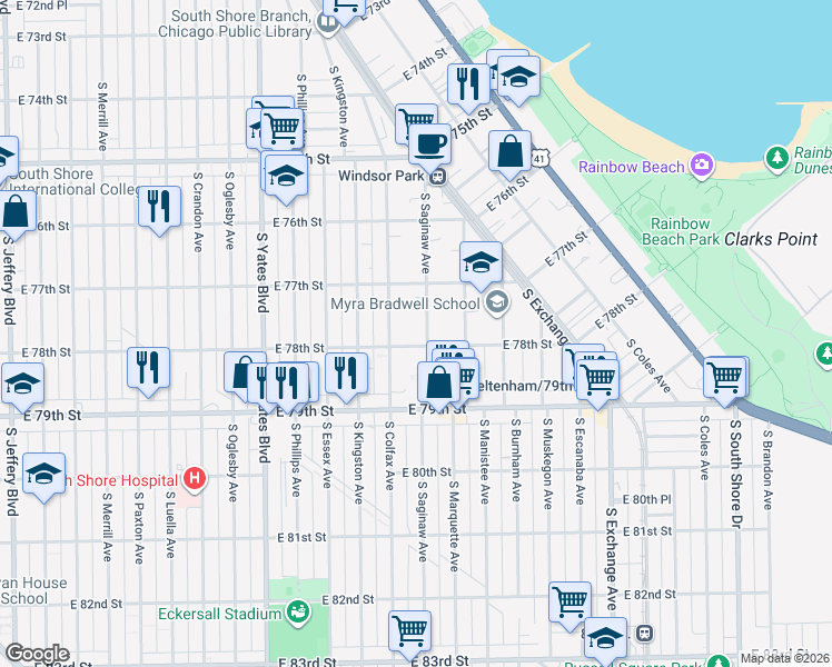 map of restaurants, bars, coffee shops, grocery stores, and more near 2606 East 78th Street in Chicago