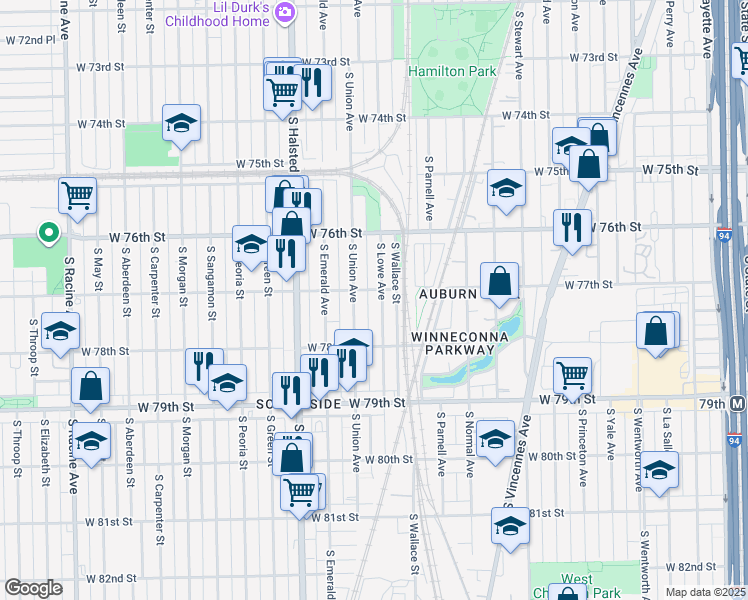 map of restaurants, bars, coffee shops, grocery stores, and more near 7706 South Lowe Avenue in Chicago