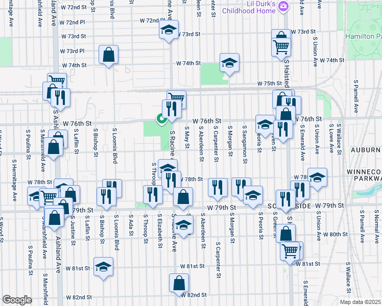 map of restaurants, bars, coffee shops, grocery stores, and more near 7701 South May Street in Chicago