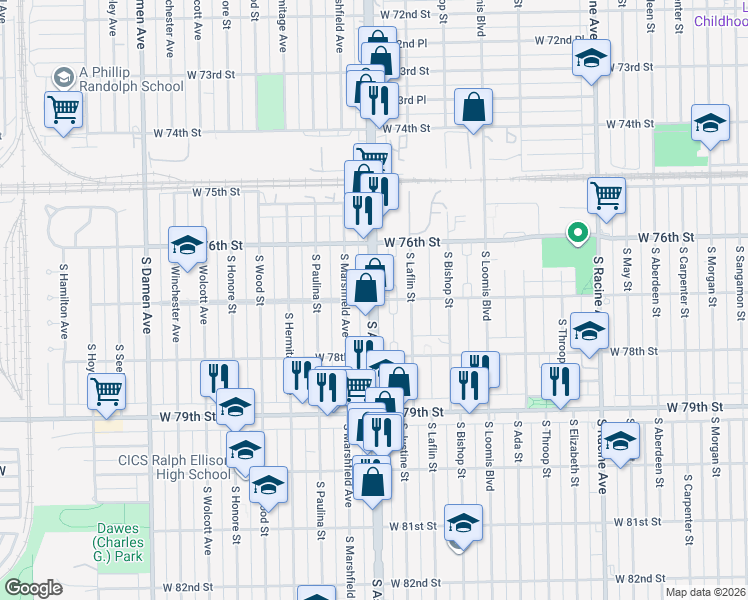 map of restaurants, bars, coffee shops, grocery stores, and more near 7701 South Ashland Avenue in Chicago