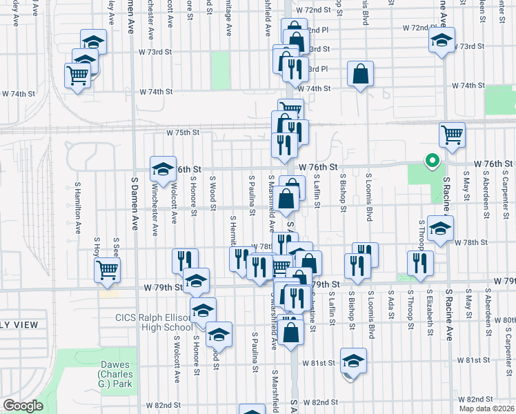 map of restaurants, bars, coffee shops, grocery stores, and more near 1704 West 77th Street in Chicago
