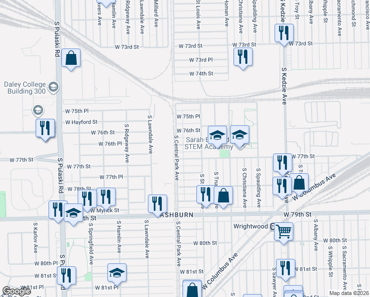 map of restaurants, bars, coffee shops, grocery stores, and more near 3529 West 76th Place in Chicago