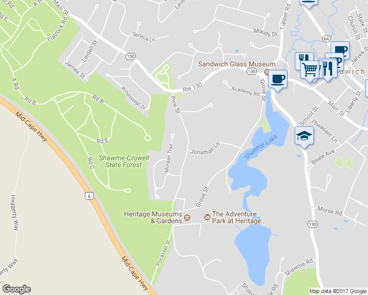 map of restaurants, bars, coffee shops, grocery stores, and more near 18 Pine Street in Sandwich