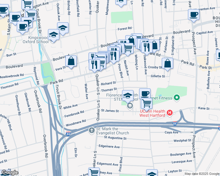 map of restaurants, bars, coffee shops, grocery stores, and more near 118 Thomas Street in West Hartford